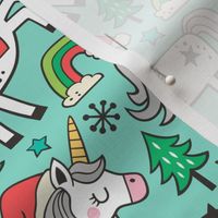 Christmas Holidays Unicorn Rainbow & Tree Doodle on Mint Green 