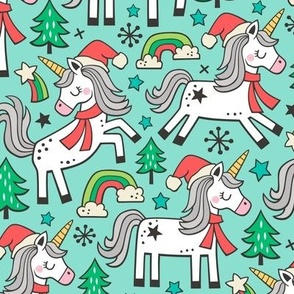 Christmas Holidays Unicorn Rainbow & Tree Doodle on Mint Green 