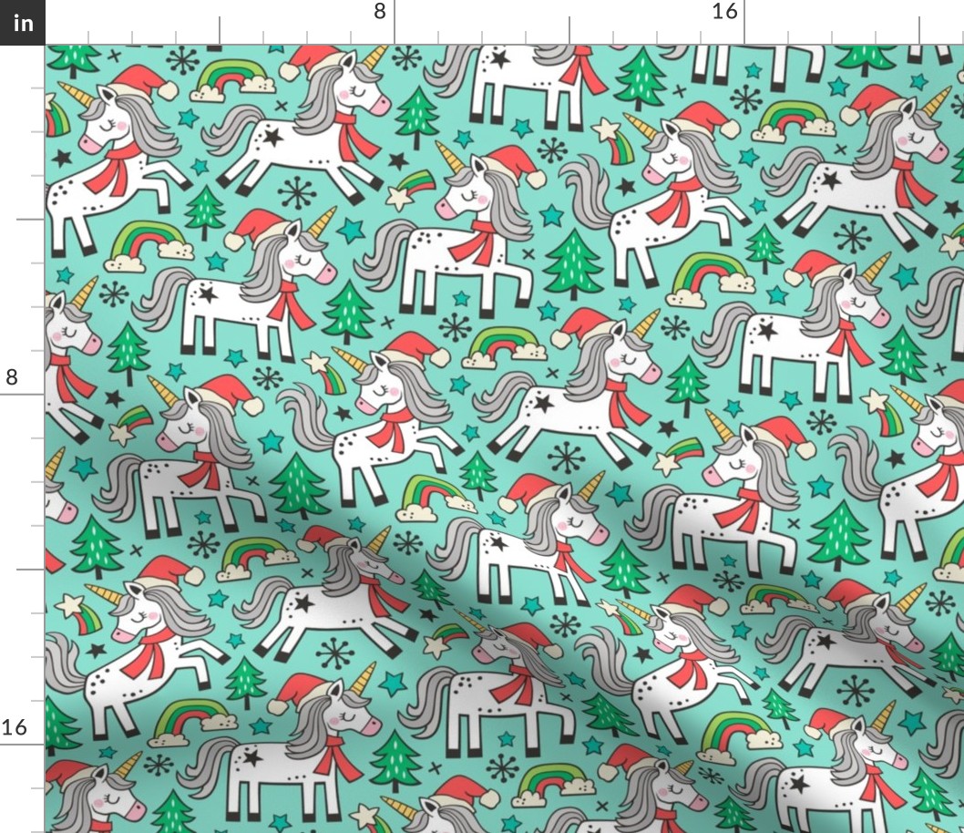 Christmas Holidays Unicorn Rainbow & Tree Doodle on Mint Green 