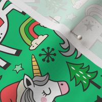 Christmas Holidays Unicorn Rainbow & Tree Doodle on Green