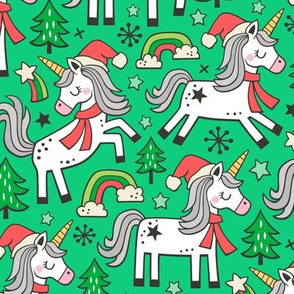 Christmas Holidays Unicorn Rainbow & Tree Doodle on Green
