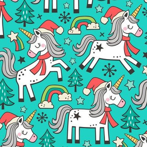 Christmas Holidays Unicorn Rainbow & Tree Doodle on Dark Mint Green