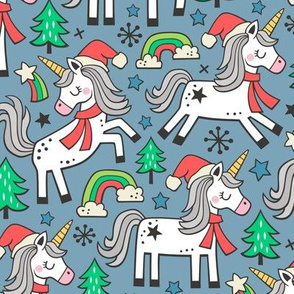 Christmas Holidays Unicorn Rainbow & Tree Doodle on Navy Dark Blue