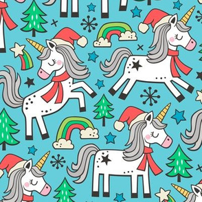 Christmas Holidays Unicorn Rainbow & Tree Doodle on Green Blue