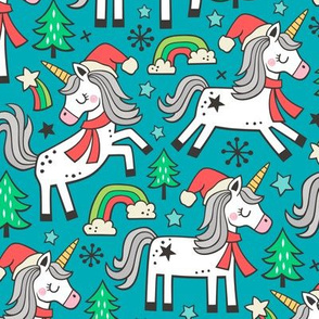 Christmas Holidays Unicorn Rainbow & Tree Doodle on Dark Blue