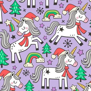 Christmas Holidays Unicorn Rainbow & Tree Doodle on Purple