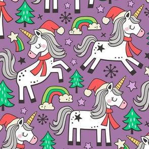 Christmas Holidays Unicorn Rainbow & Tree Doodle on Dark Purple