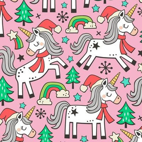 Christmas Holidays Unicorn Rainbow & Tree Doodle on Light Pink