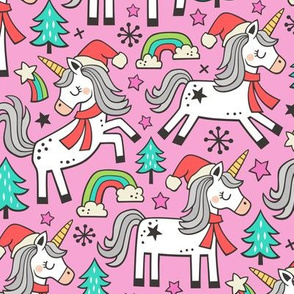Christmas Holidays Unicorn Rainbow & Tree Doodle on Pink