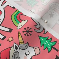 Christmas Holidays Unicorn Rainbow & Tree Doodle on Light Red