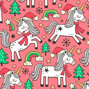Christmas Holidays Unicorn Rainbow & Tree Doodle on Light Red