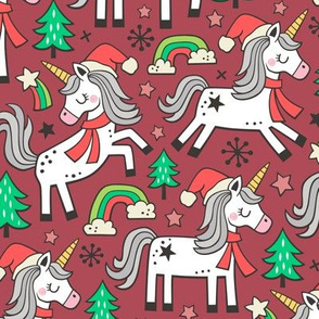 Christmas Holidays Unicorn Rainbow & Tree Doodle on Dark Red