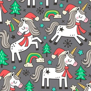 Christmas Holidays Unicorn Rainbow & Tree Doodle on Dark Grey
