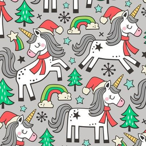 Christmas Holidays Unicorn Rainbow & Tree Doodle on Light Grey