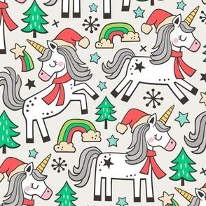 Christmas Holidays Unicorn Rainbow & Tree Doodle on Cloud Grey
