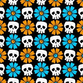 Skulls with Orange and Blue Daisies