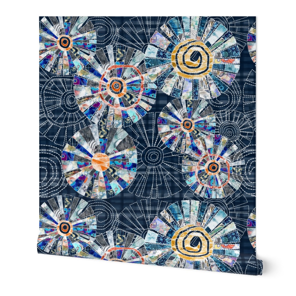 Modern patchwork cheater quilt with Dresden plate block