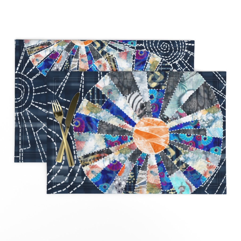 Modern patchwork cheater quilt with Dresden plate block