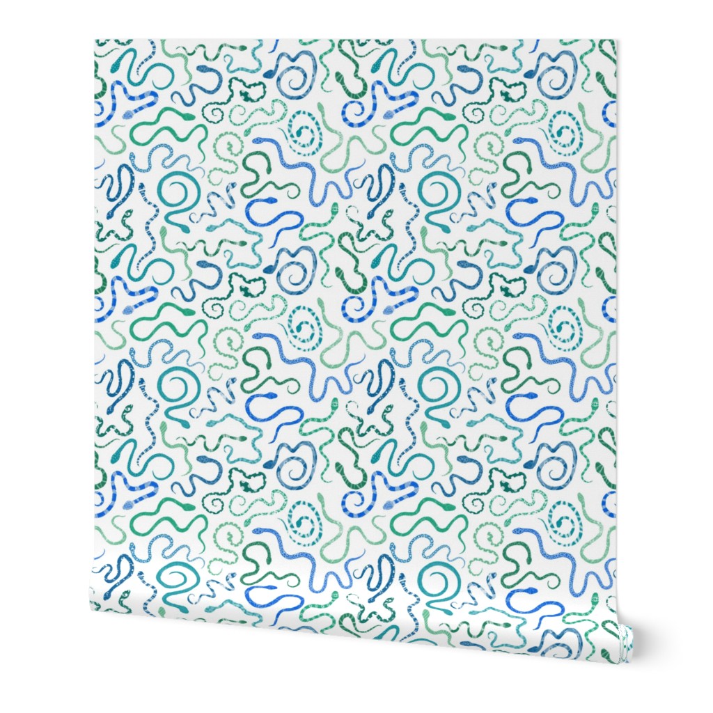 Blue and green snakes on white