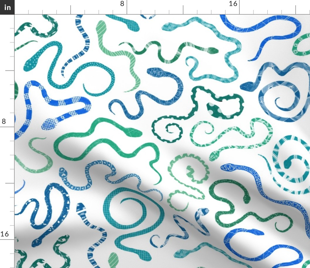 Blue and green snakes on white