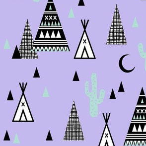 tipi boho fabric - southwest cactus trendy baby design greyscale black and white grid - lilac and mint