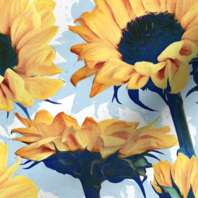 Sunflowers on Pale Blue and White - large