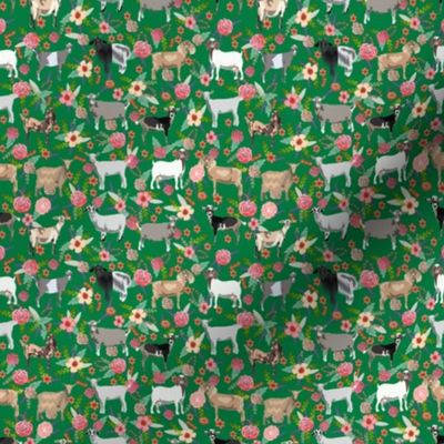 TINY - goat floral fabric - goat floral, farm floral, farm animals floral, nigerian dwarf goat, boer goat - green