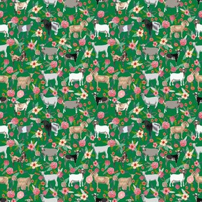 TINY - goat floral fabric - goat floral, farm floral, farm animals floral, nigerian dwarf goat, boer goat - green