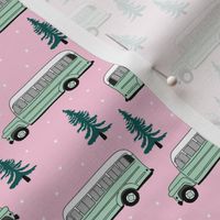 Vintage school bus ride winter mountain peak travels pine tree forest canada theme mint green pink girls