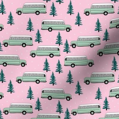 Vintage school bus ride winter mountain peak travels pine tree forest canada theme mint green pink girls