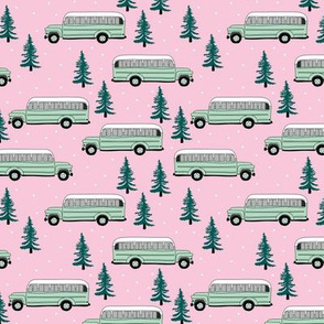 Vintage school bus ride winter mountain peak travels pine tree forest canada theme mint green pink girls