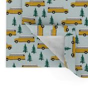 Vintage American school bus ride winter mountain peak travels pine tree forest theme mint green pink girls