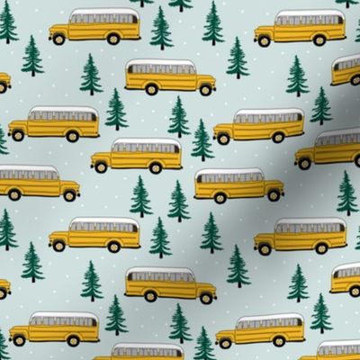 Vintage American school bus ride winter mountain peak travels pine tree forest theme mint green pink girls