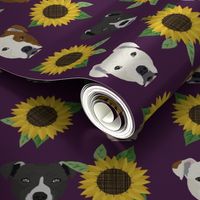 pitbull face sunflower fabric - dog fabric, dog head, sunflowers fabric, pitbulls - dark purple