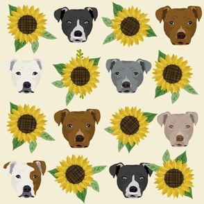 pitbull face sunflower fabric - dog fabric, dog head, sunflowers fabric, pitbulls - cream