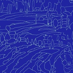 Cobalt Blue White Italian Landscape Drawing