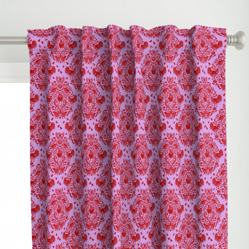 Chicken Damask with Roosters & Chicks - red on lilac