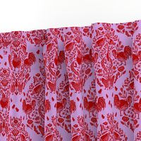 Chicken Damask with Roosters & Chicks - red on lilac