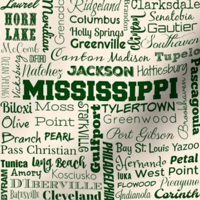 Mississippi cities, cream and green