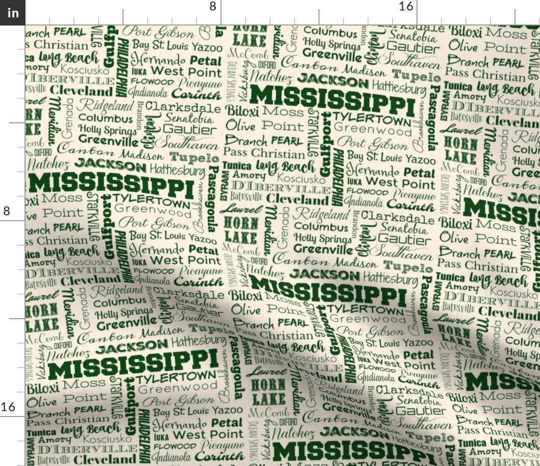 Mississippi cities, cream and green