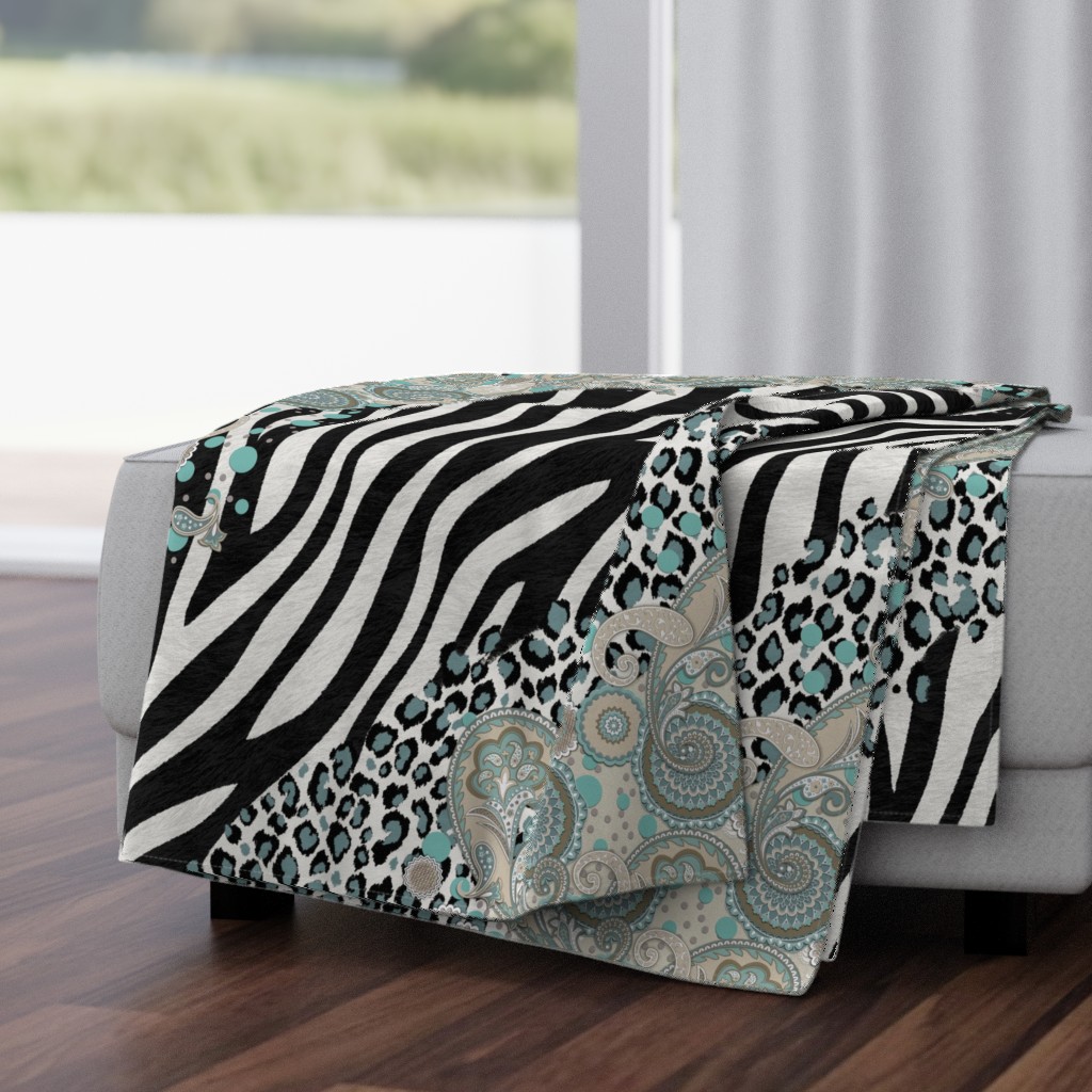 paisley, zebra and leopard mixed animal print duck egg beige cream black