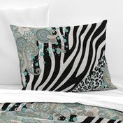 paisley, zebra and leopard mixed animal print duck egg beige cream black