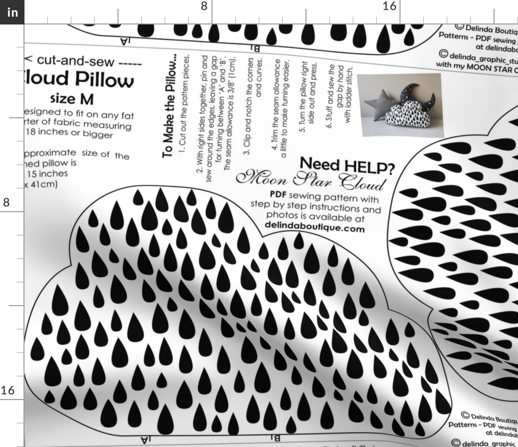 Cloud Pillow Medium Size cut and sew white black rain drops