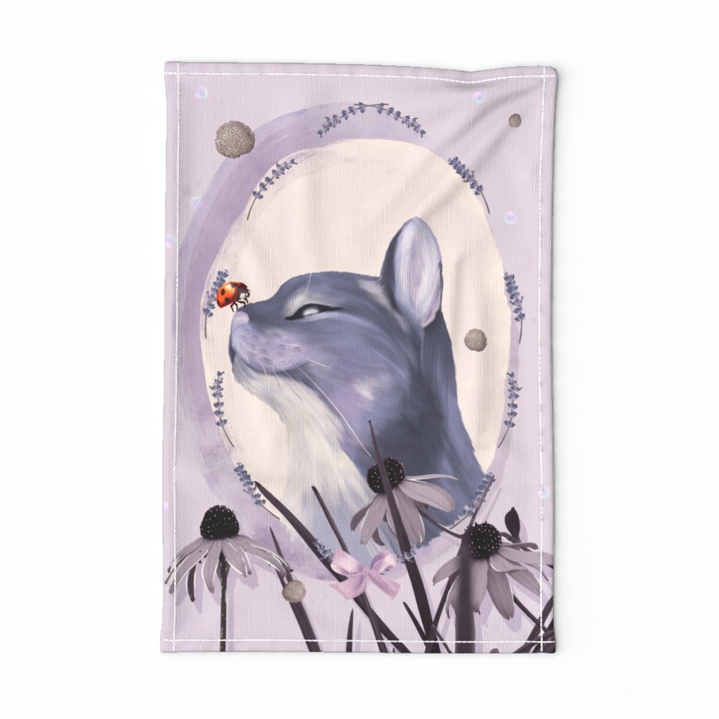 Cat and ladybug in purple Tea Towel