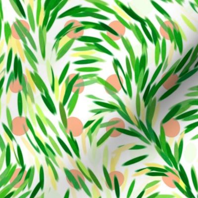 Green leaves with peach polka dots