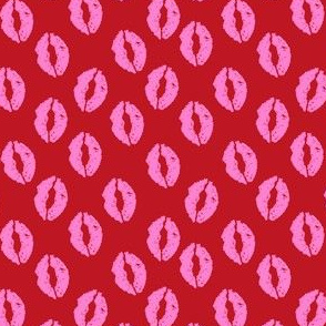 SMALL - valentines day lipstick kisses pattern fabric - kiss pattern, kiss fabric, makeup fabric, girly fabric - valentines day - cherry red and bubblegum