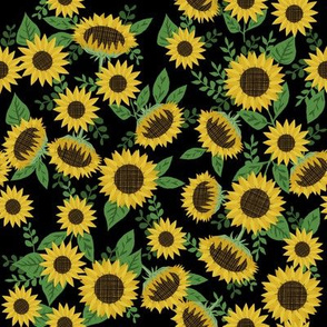 sunflowers fabric - sunflower floral, floral fabric, fall floral, autumn floral - black