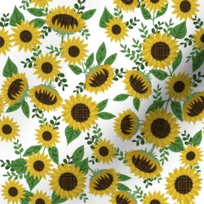sunflowers fabric - sunflower floral, floral fabric, fall floral, autumn floral - white