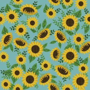 sunflowers fabric - sunflower floral, floral fabric, fall floral, autumn floral - blue