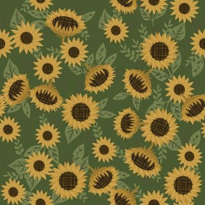 sunflowers fabric - sunflower floral, floral fabric, fall floral, autumn floral - green